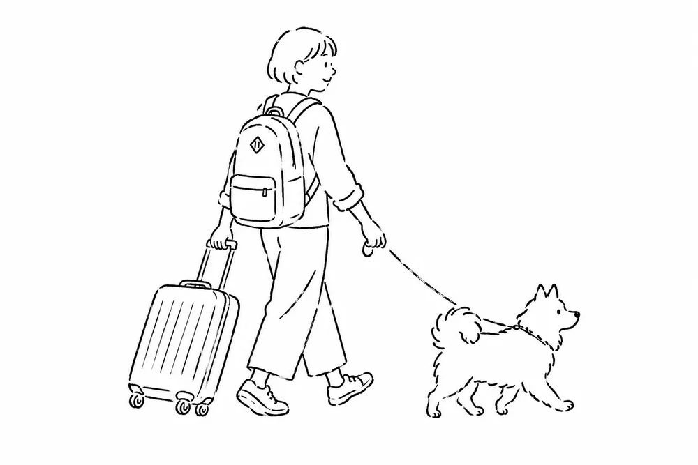 飼い主と愛犬がいっしょにお出かけするイラスト