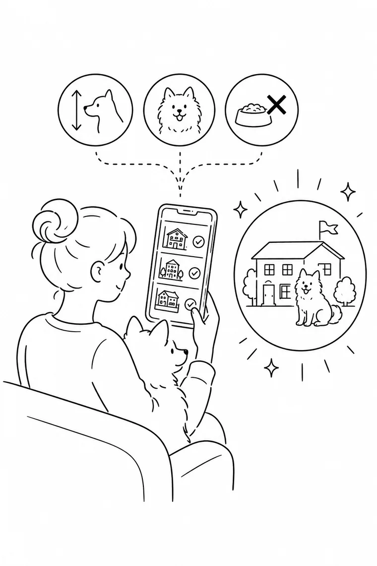 愛犬のプロフィールに合う宿を見つけるイラスト
